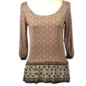 SKYE'S THE LIMIT S Jersey Knit Tunic Top Red Brown Layering Boho Hippie Quirky